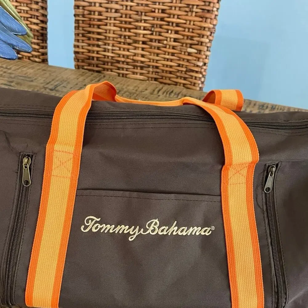 Tommy Bahama Duffle Bag Brown Canvas Orange Trim Weekender Travel Gym